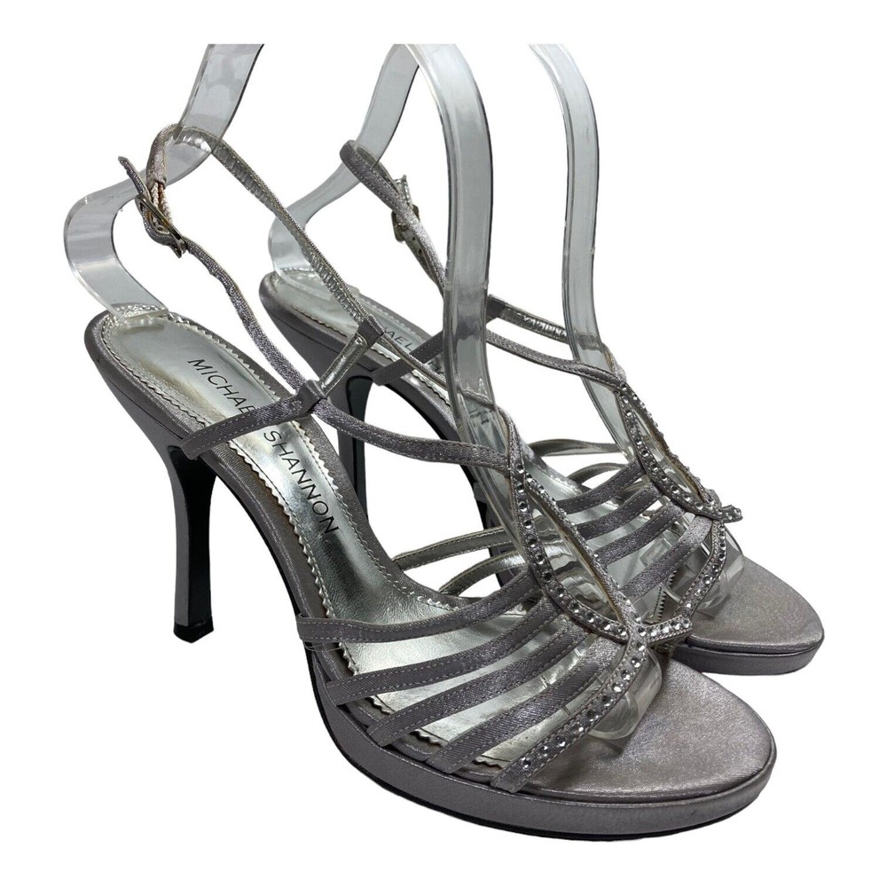 MICHAEL SHANNON Jordy Womens 7.5M Silver Rhinestone Slingback Stiletto Heels